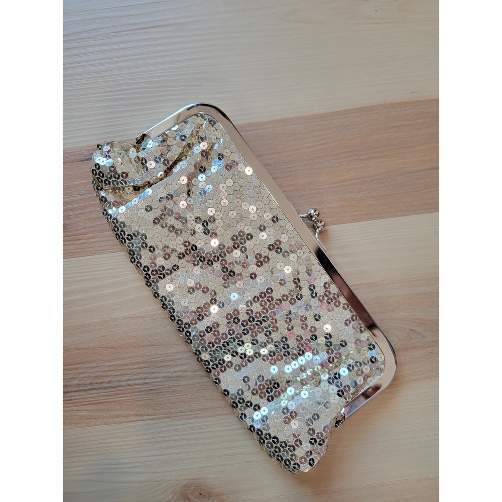 Ann Taylor LOFT Champagne Gold Sequin Clutch Evening Bag Chain Strap